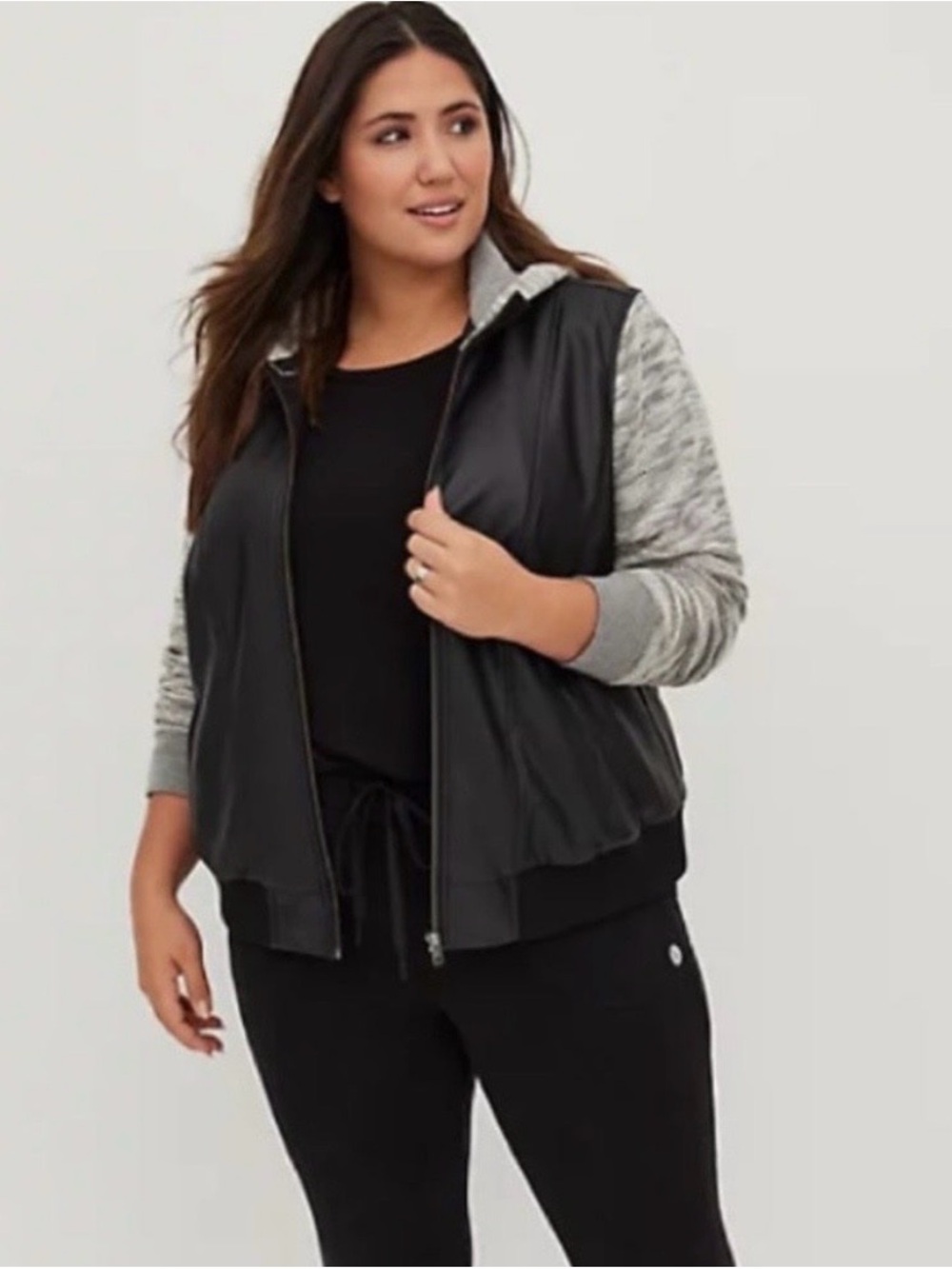 Torrid Black Bomber Jacket with Gray Hoodie-Style Sleeves